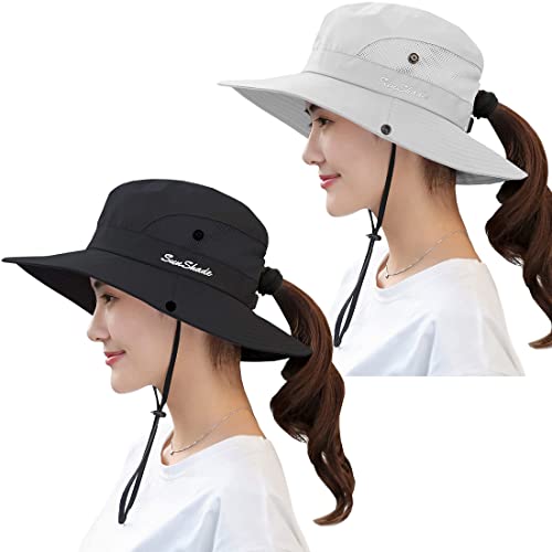 Zexian 2 Pieces Women's Sun Hat Uv Protection Ponytail Hat For Beach Fishing＆Hiking(Pure Beige & Pure Black) #TOP5