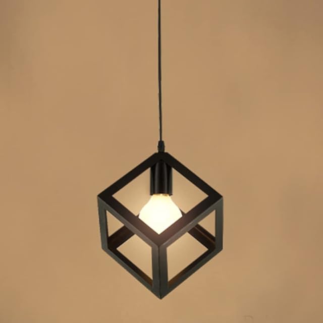 Nordic Style Pendant Lights Creative Geometric Lamp Shade Cube Black E27 Base Metal Hanging Light Square Ceiling Lighting AC110-240V(Bulb not Included)