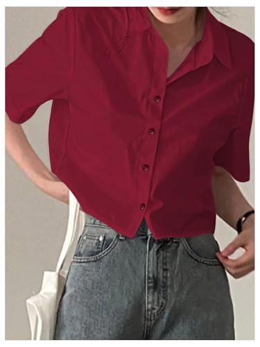 SweatyRocks Women's Casual Button Down Shirt Short Sleeve Stand Collar Tops Trendy Work Blouses2