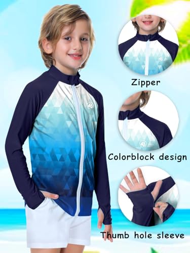 Image of AOBUTE Unisex Kids Zipper Rash Guard Boys UPF 50+ UV Protection Sun Shirt with Thumb Hole 3-12 Years