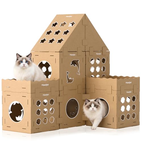 Image of DIY Cat Scratcher Cardboard House, Scratching Cat Play House, a Versatile Box, Indoor Kitty Scratcher Hideout for One or More Cats Brown, Cat Tower Castle Tunnel 10 Parts