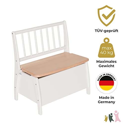 Geuther Truhenbank Bambino Sitzbank mit Stauraum Spielzeugkiste aus massivem Holz Sitztruhe mit Deckelbremse Kindgerechte Farben Ideales Kinderzimmerzubehör bis 6 Jahre Weiß/Natur