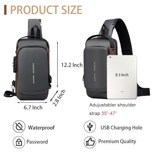 Travel Sling Bag Waterproof Crossbody Bag with Combination Lock Anti-Theft PU Leather Chest Bag with USB Charging Hole Shoulder Backpack Motorcycle Bags Grey2