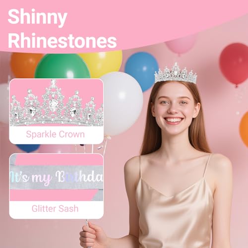 Birthday Tiara and Crown with Sash, Birthday Tiara for Women Party (Silver)