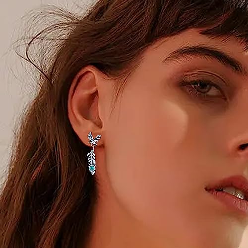 925 Sterling Silver Turquoise Feather Earrings Dangling America Western Eagle Feather Earrings Men Feather Jewelry Turquoise Western Style Gifts Hypoallergenic4