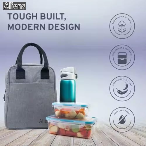 Image of Aliens Insulated Lunch /Tiffin /Travel /Storage Bag, Water-Repellent, Keeps Hot and Cold Lunch Box for Unisex - Office, Travel, School, College and Picnic Lunch Box & Bottle Pouch-Grey
