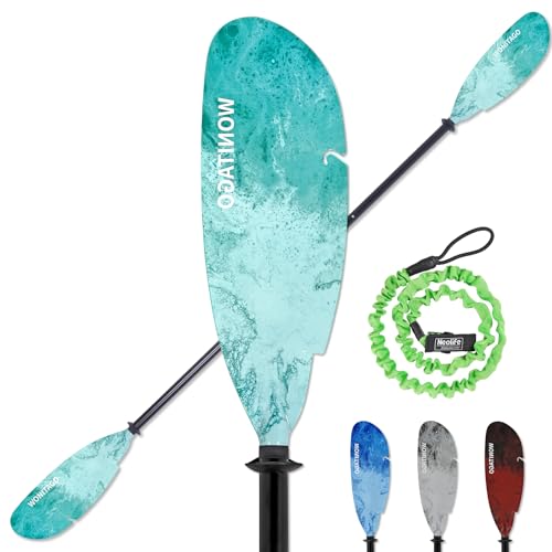 WONITAGO Angler Kayak Paddles Aluminum Paddle with Plastic Blades and Paddle Leash, Floating Adjustable Fihsing Kayak Oars, 3 Piece, 230-250cm/90-98 inch Teal