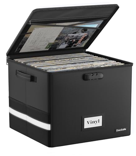 DocSafe Boîte de rangement ignifuge pour disques vinyles avec serrure, Noir , 41x33x33cm, Poche pour carte d'identité