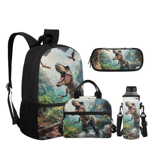 3D Cartoon Dinosaur Backpack School Bag Multicolor Polyester Bookbag with Lunch Box and Pencil Case and Water Bottle Sleeve for Teenager Boys 12-14 Years Old