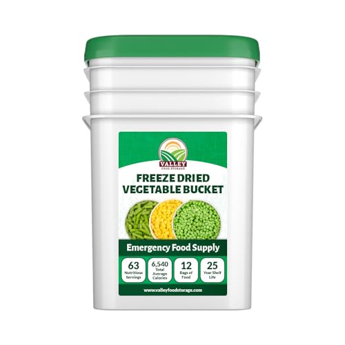 Image of Valley Food Storage Freeze Dried Vegetable Bucket | 12 Pouches, Mixed Vegetables | Premium Emergency Food Supply, 25 Year Shelf Life | Survival Food for Camping, Prepper Storage & Off-Grid Living