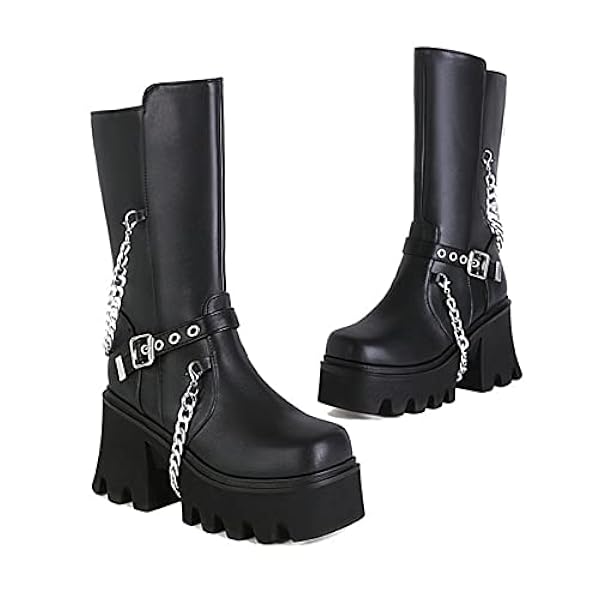 Dames Zipper Middenkalf Combat Boots Black Goth -platformlaarzen met Chain Square Toe Belt Buckle D chunky hielklaarsjes,Black pu,43 EU