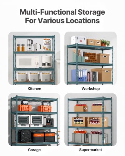 Image of Adjustable 5-Shelf Metal Storage Rack | Heavy-Duty Steel Boltless Rivet Utility Shelving Unit for Garage, Kitchen & Office | 54 Inches Height (54 x 24 x 12 in) - Grey