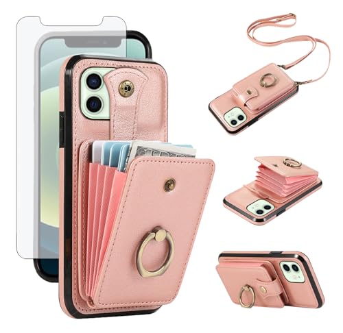 Étui portefeuille iPhone 12 anti-chute avec protège-écran et bague pour éviter les casses