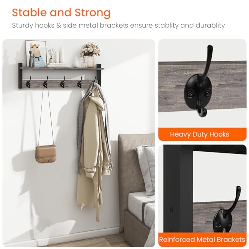 Image of Homode Wall Hooks With Shelf, 24 Inch Coat Rack Wall Mount for Entryway, Clothes, Backpack, Key, Purse - Floating Shelf Hanging in Bathroom, Bedroom, Hallway, Rustic Grey