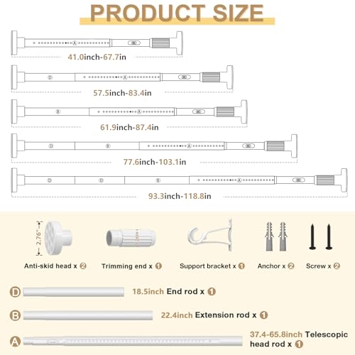Image of White Tension Curtain Rod 41-118In(4-9Ft), Outdoor Curtain Rod No Drilling for Window or Patio,Heavy DutyShower Rodfor Bathroom,Rod Diameter 1.26In-One-bond stretching