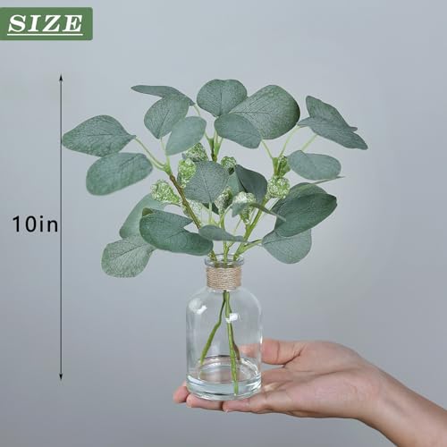 Zheart-2-Pack-Small-Fake-Plants-Eucalyptus-PottedArtificial-Eucalyptus-Stems-in-Glass-Vase-with-Faux-Water-for-Shelf-Desk-Bathroom-Farmhouse-Room-Office-Coffee-Table-Kitchen-Home-Decor-Green