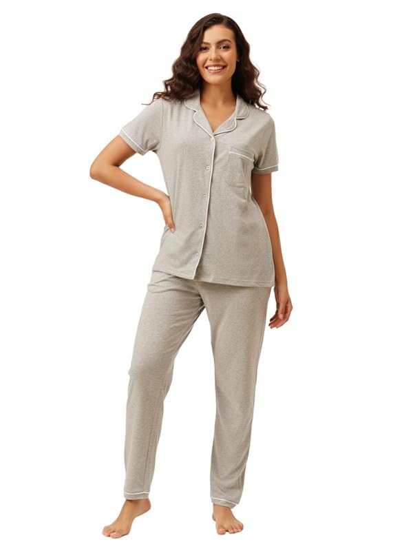 clovia Women's Cotton Button-Down Shirt & Pyjama Set-picture-46