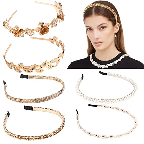 6PCS Pearls Headbands Rhinestones Hair Bands Metal Hair Hoop Bridal Wedding Hair Accessories for Women Girls