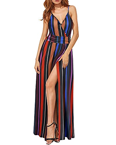 Image of Newshows Women's Summer 2026 Dress V Neck Spaghetti Strap Dress Boho Behemian Casual Floral Split Long Maxi Trendy Mexican Sundress (Stripe Floral Black, Large)