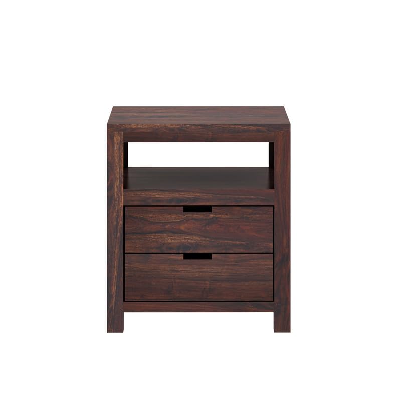 Image of Solid Sheesham Wood Bedside Table with 2 Drawer & 1 Open Shelf Storage for Bedroom, End Table, Side Table for Living Room Home (Walnut Finish)
