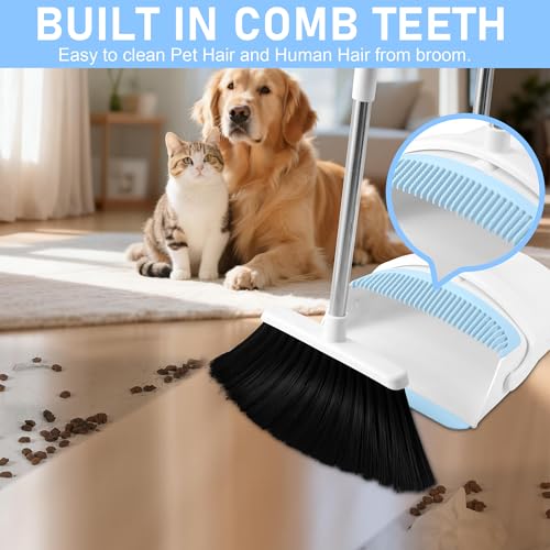 Image of Broom with Dustpan Combo Set for Home 54-in Long Adjustable Handle Angle Broom and Dustpan Set with Dustpan Comb Teeth for Sweeping Pet Hair Food Dirt Kitchen