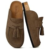 Suede Mules Clogs for Women Genuine Leather Mules with Tassel Fringe Comfort Cork Footbed Slip On Women's Sandals Closed Round Toe Casual Slides, Taupe, 7 UK