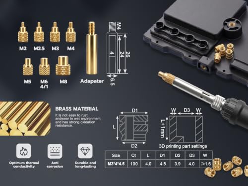 Image of 60W Digital Soldering Iron Heat Set Insert Tool with Heat Set Insert Tips and 100 Pcs M3x4x4.5 Threaded Inserts