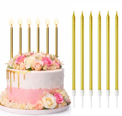 Long Thin Gold Birthday Candles for Cakes Pack of 12 Pieces Long Gold Party Candles with Candle Holders Tall Candles for Wedding Birthday Party Decorations Anniversary and Meetups