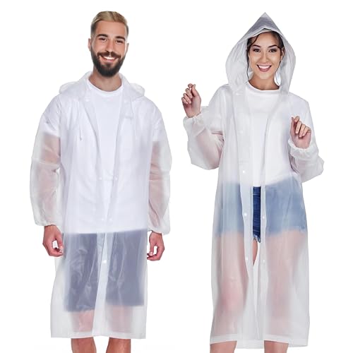 EcoNour Reusable Clear EVA Adult Rain Poncho (2-Pack) | Emergency Hooded Ponchos for Adults | Perfect for Disney World
