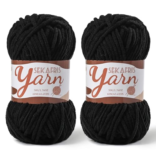 Image of 2 Pack Fluffy Velvet Yarn for Crocheting,Baby Blanket Yarn for Crocheting Soft,100g(131yds) Amigurumi Yarns,Plush Chenille Crochet Yarns,Puzzle Yarn for Crochet Weaving Craft(2 Black)