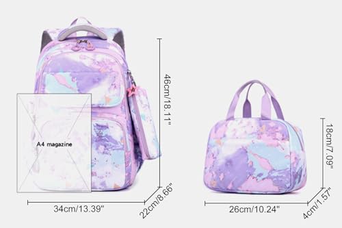 JiaYou Junior Middle School 3Pcs Backpack Sets High School Laptop Bag Marble pattern Daypack with Lunch bag(Purple,34 Liters)2