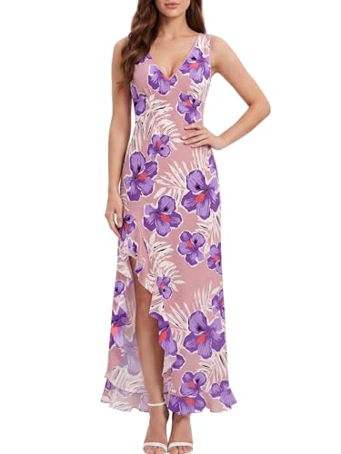 Rosegalette Women's Tropical Hibiscus Floral Maxi Dress V Neck Ruffle Bodycon Hawaiian Beach Gowns,Purple,S