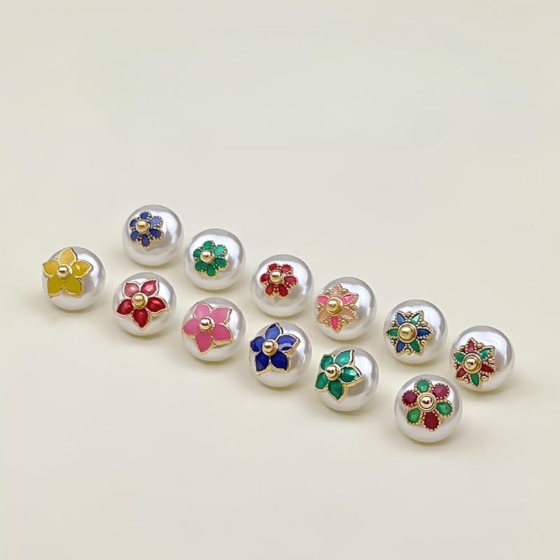 Bottoni di perle, 50 szt. 10 mm zielony kwiatek biała perła mała okrągła kula perłowe guziki okrągła gruszka do rękodzieła tkanin(Green Flower)