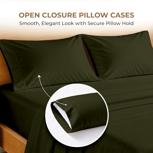 Image of SGI Split King Sheet Set for Adjustable Bed Egyptian Premium Cotton 600 Thread Count Sheets for Sleep Number Bed 15 inch Deep Pocket 5 Pc Set with 2 Twin XL Fitted Sheets Soft Breathable - Olive Green