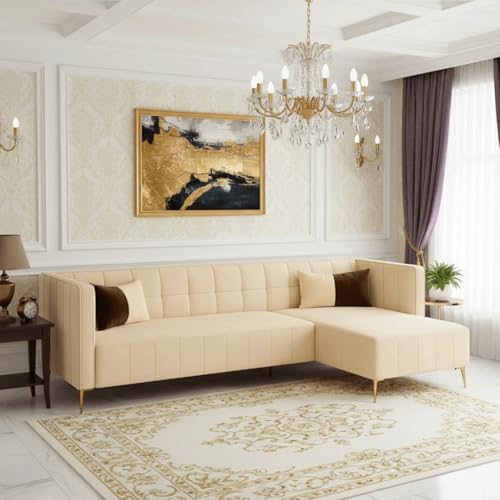 Image of SOCOZI Stylluxe 6 Seater Velvet Fabric RHS L Shape Sofa Set for Living Room |Fabric L Shape Sofa Set for Home & Office (Cream)