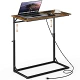 Vagusicc C Shaped End Table with Charging Station, Large C-Table End Table Adjustable Height Side Table for Couch, Couch Table Slide Under Sofa Table TV Tray Table for Sofa, Living Room, Bedroom,Brown