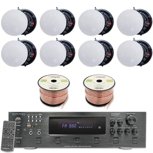 Image of Technical Pro Home Theater Sound System Kit - 6 Channel 6000 Watts Bluetooth Amplifier, 8 Qty of 8 inch Frameless Ceiling Speakers 300 W Each, 500 ft Speaker Wire & Remote Ideal for Home, Office