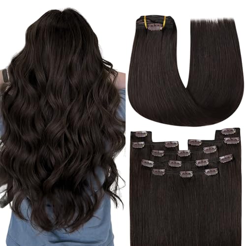 Image of YoungSee Clip in Hair Extensions Darkest Brown 135g Real Human Hair Clip-in Hair Extensions for Women, Thick Hair Clip in Extensions for Full Head 16Inch 7Pcs
