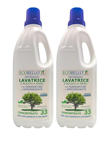 Ecobello - Detergente Eco desinfectante para lavadora y colada a mano, con desengrasante y suavizante, ecológico natural, prendas blancas y de color, concentrado para 33 lavados, 2 x 2 l Amami BEAUTY