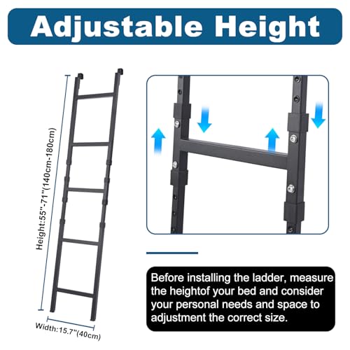 Image of RV Bunk Bed Ladder, Upgraded - Adjustable Height 55 inch-71 inch, Telescoping Heavy Duty Travel Trailer Bed Ladders with 4 Hook and Foot Caps, Anti-Slip Ladder for Home Dorm Appartments, Load 300 LBS -Black