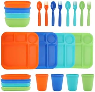 24-Piece Plastic Kids Dinnerware Set with 4 Trays, Bowls, Plates, Cups, Forks, Spoons in Orange, Blue, Aqua, Green