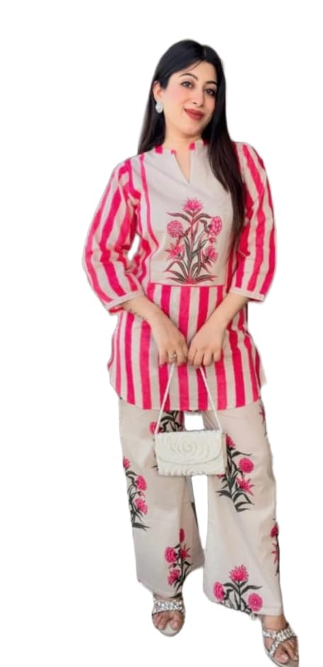 Women's Premium Cotton 60x60 Printed Co-Ord Set | Handblock Floral Yoke | V-Neck | 3/4 Bell Sleeves | Kurti & Wide Leg Pants | Casual Summer Coord Set-image-19
