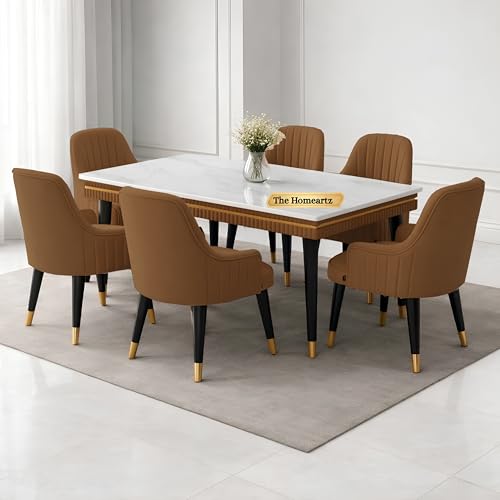 Image of Elara Modern Dining Table Set 6-Seater Wooden Dining Table Set | 1 Year Warranty | Nano Composite Marble Marble Top Table with 6 Chairs (Brown)