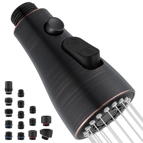 Kitchen Faucet Sprayer Head Replacement - with 15 Adapters Pull Down Facuet Spray Head for Kitchen Sink, 3 Function, Oil Rubbed Bronze