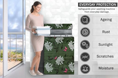 Image of Stylista PVC Washing Machine Cover Compatible for 6.5 KG Fully-Automatic Top Load TL- RDW 6.5 kg Aqua, Petals Pattern Green