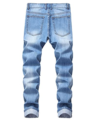 utcoco Men's Slim Fit Mid Waist Straight Leg Ripped Distressed Holes Classic Denim Patches Jeans2