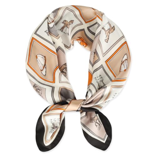 EXTREE Fashion Silky Satin Headscarf for Women Girls: Exquisite Pattern Lightweight Silk Graceful Scarfs 27.5 x 27.5 inches Horse Window Black Edge