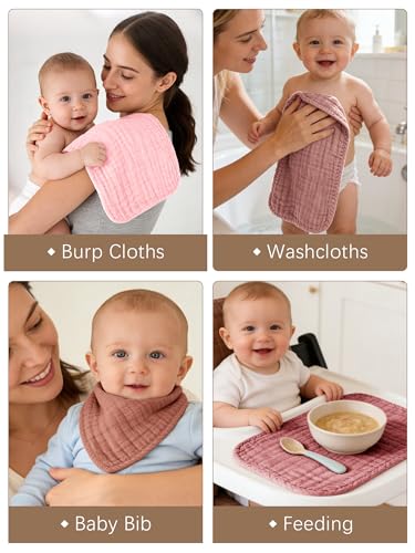 Image of Lovely Care 12 Pack Muslin Burp Cloths 100% Cotton Muslin Cloths Large 20''x10'' Extra Soft and Absorbent Baby Burping Cloth - Blush and Terracotta