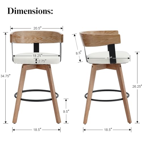 LukeAlon Butacos Giratorios de Altura para Isla de Cocina, 26", Tapizados en Lino Blanco, Estilo Mid Century con Espalda Curva de Madera y Patas de Madera, Juego de 4 miniatura 2