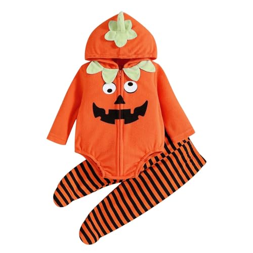 2025 - Pelele de manga larga para niños y niñas, disfraz de calabaza y cosplay, de forro polar suave, con capucha, calcetines a rayas, pantalones, trajes recién nacidos, pelele para niño (naranja, 6-9